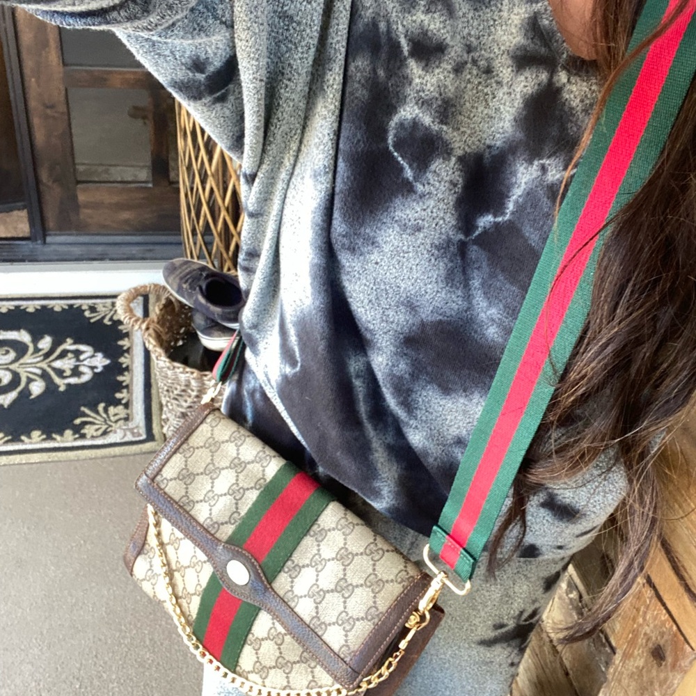 New GG replacement green / red striped handmade crossbody strap w/ gold hardware - Picture 5 of 5